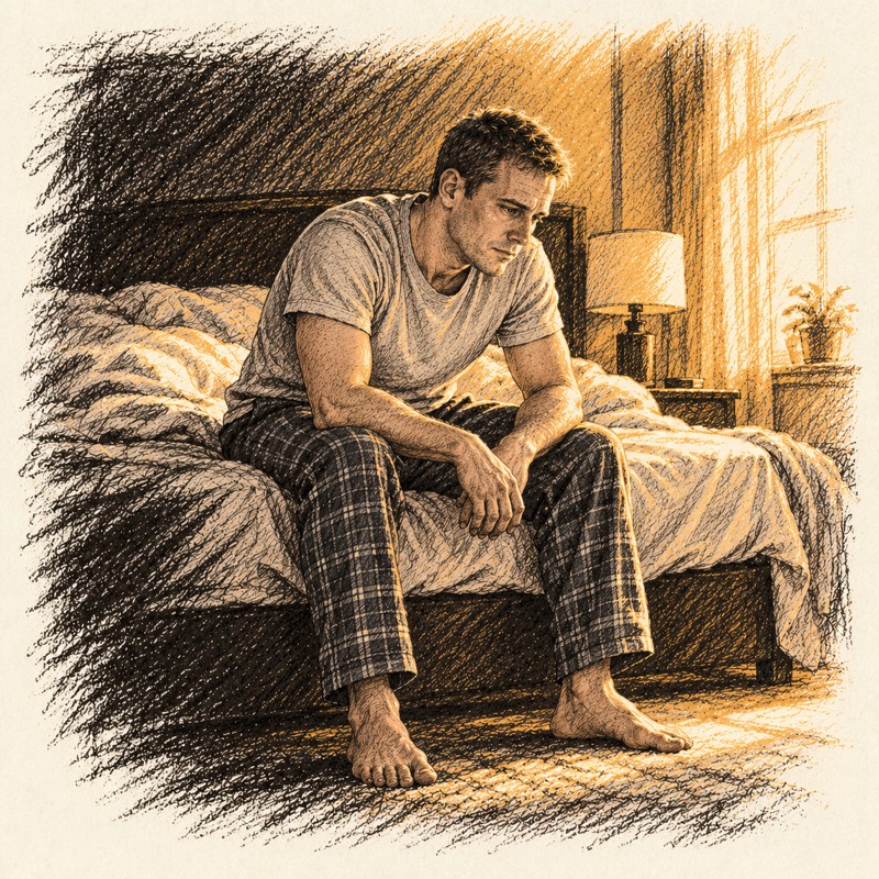 Ink drawing of Mark sitting on the edge of his bed in the morning, head down