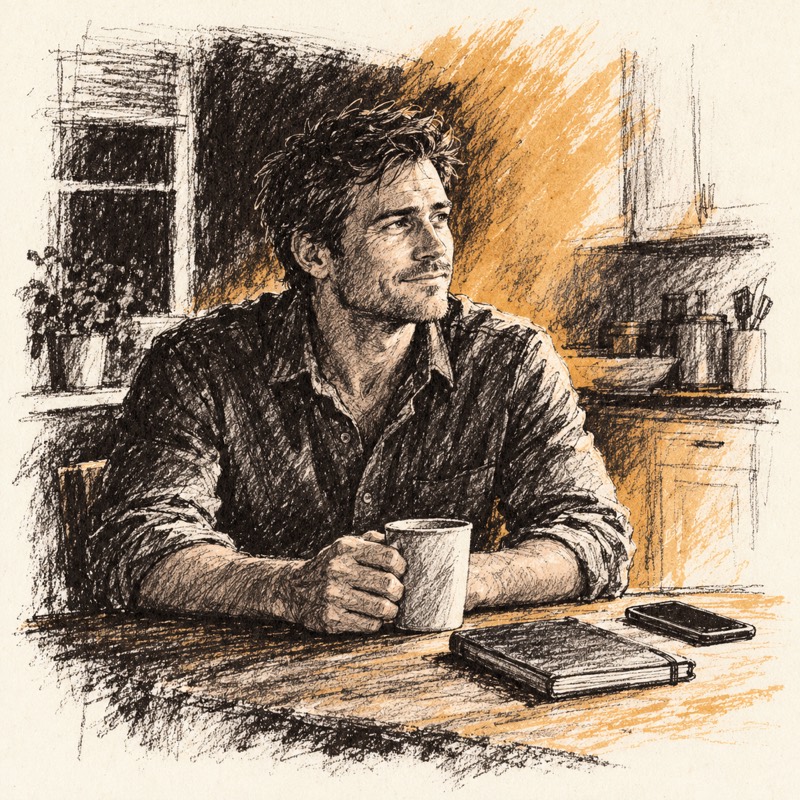 Ink drawing of Nathan at his kitchen table with a coffee and a notebook, smiling