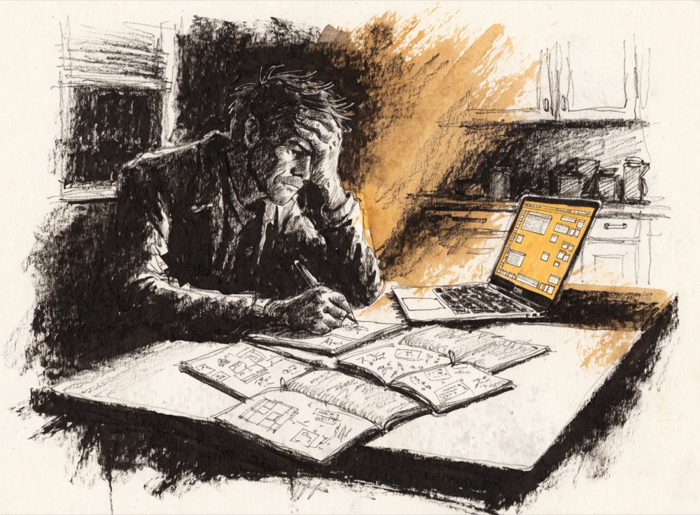 Ink drawing of a man at a kitchen table late at night, surrounded by notebooks and an open laptop