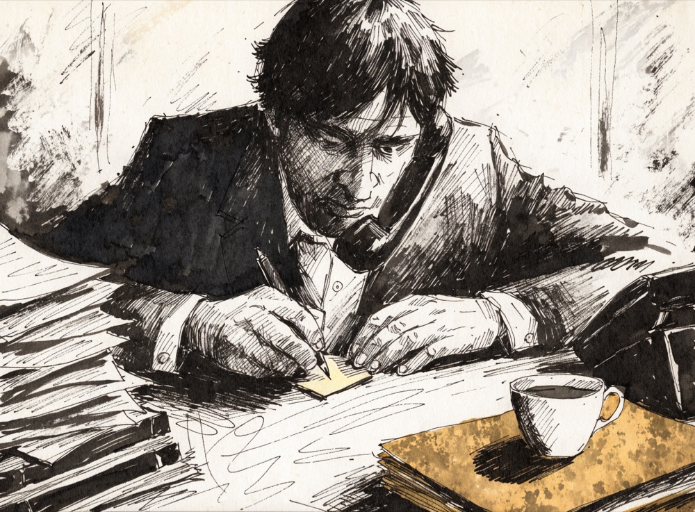 Ink drawing of a man on the phone at his desk, his own folder pushed to the edge under a cold coffee