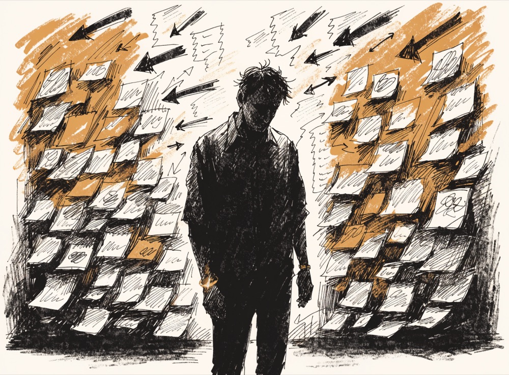 Ink drawing of a man frozen in front of a wall covered in sticky notes