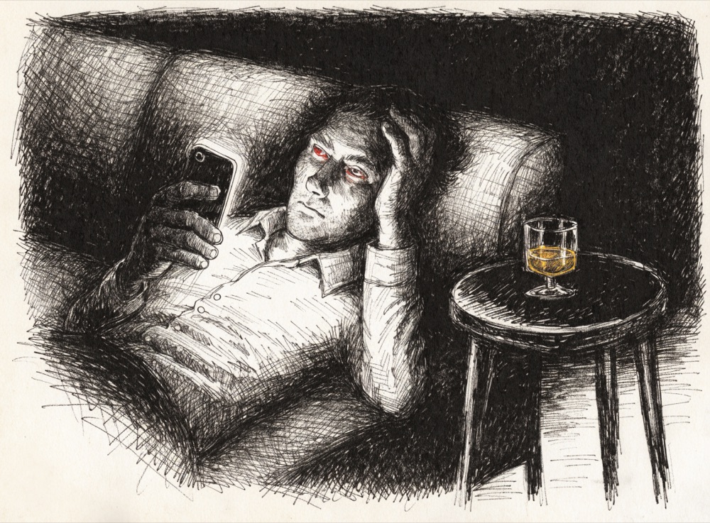 Ink drawing of a man on a couch after midnight, face lit by his phone