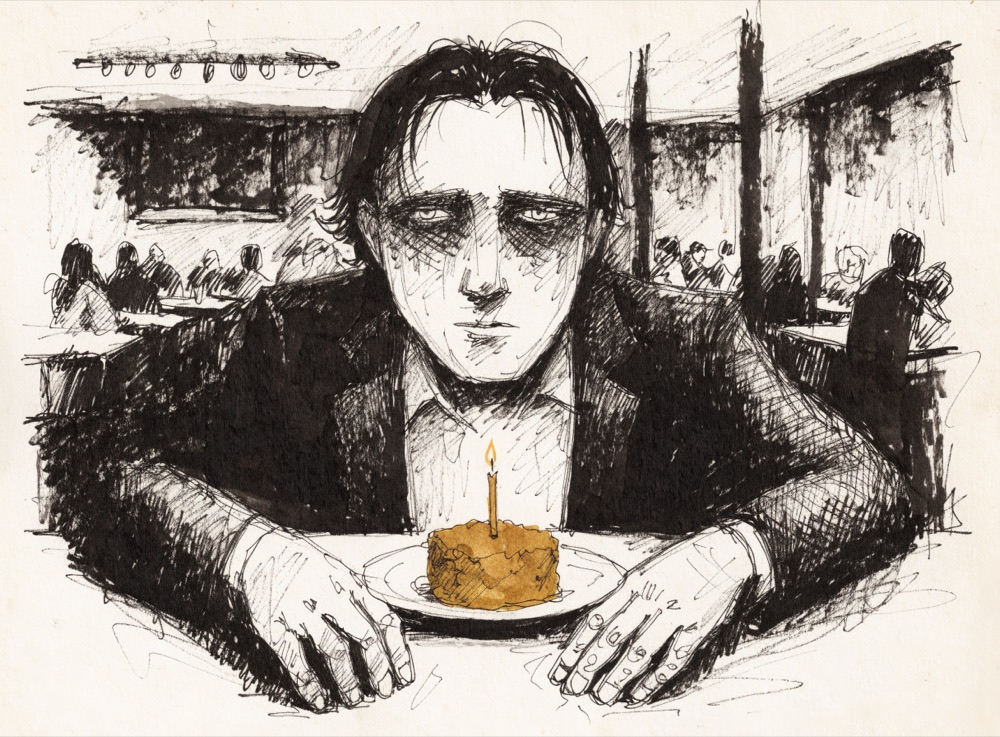 Ink drawing of a man staring blankly at a birthday candle in a restaurant