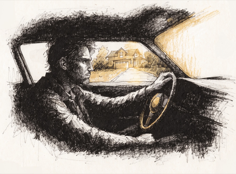 Ink drawing of a man sitting in his parked car, staring at his house