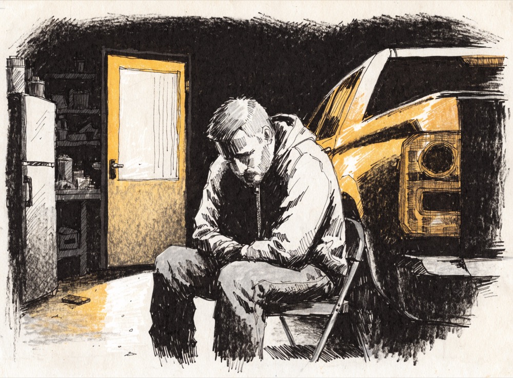 Ink drawing of a man sitting alone in his garage at night beside his truck, head down, phone on the floor